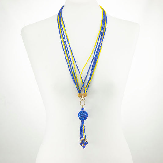 Collana SOPHIA i colori .024  cristalli gialli e blu elettrico con ciondolo perla metallo intrecciato blu.